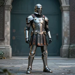full shot photo of a futuristic cyberpunk roman centurion