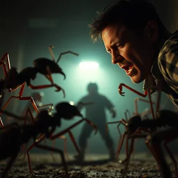full scene, man in a fight with ant aliens, still from horror movie, movie shot, extremly high quality, uhd, 4 k, cinematic lighting