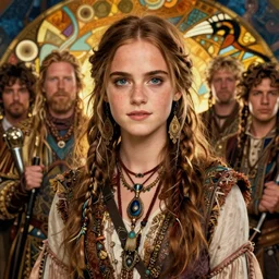 detailed ultrarealistic photography of rustic hippie warrior girl emma watson, brom, craig mullins, vallejo, moebius, ian miller, mucha cinematic