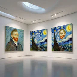 interior futuristic art gallery wide angle highly detailed by santiago calatrava, three wall hanging paintings famous pieces by van gogh!, captivating 8 k hdr, octane render godrays hyperrealism