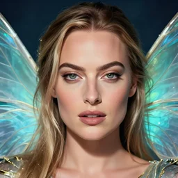 margot robbie as a fairy with wings, hyper realistic face, beautiful eyes, fantasy art, in the style of greg rutkowski, illustration, epic, fantasy, intricate, hyper detailed, artstation, concept art, smooth, sharp focus, vibrant