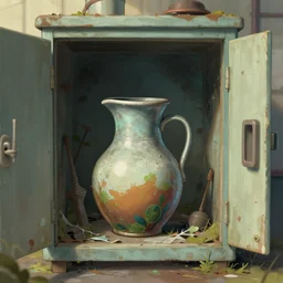 abandoned jug containing a fairy. inside a cabinet in a factory. cartoon. high quality. unsplash. devianart.