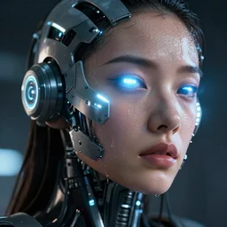 photo of sweaty soulful female as a cyberpunk mecha humanoid robotic head and face parts with straight bright led lights, light emitting cables seen over cheekbones, sweaty skin dripping down face, ultra - realistic and detailed, long exposure 8 k