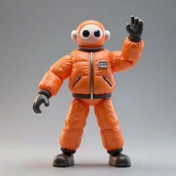 a single still slender figurine with long bendy arms and legs of a tall giant inflated space man action figure wearing over sized orange puffy bomber jacket, googly eyes, tareme eyes, small head, personification, dynamic pose, detailed product photo, tone mapped, beautiful composition, 8 5 mm, f 5. 8, soft lighting
