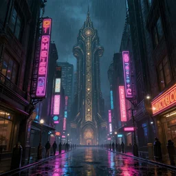 a dark side street in a vibrant looking city, neon lights, lens flare, scale, night life, heavy rain, deep focus, d & d, sci - fi, intricate, elegant, highly detailed, digital painting, artstation, concept art, matte, sharp focus, illustration, art by artgerm and greg rutkowski and alphonse mucha
