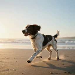 a springer spaniel dog running along a beach, beautiful sunny morning, cinematic lighting, sunrise, octane render, photorealistic, fuji velvia, 35mm focal length, trending on artstation
