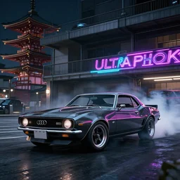 audi camaro b 1 ( 1 9 6 9 ) drifting, need for speed : carbon, neon lines, ultra phonk, phonk music background, smoke behind wheels, noise, dark, establishing shot, japanese temple multistorey car park