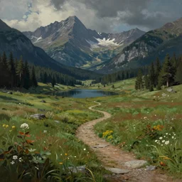 beautiful matte painting by magic realism art fantasy path mountains and meadow in the background near a lake reflecting the trees, atmospheric lighting, painted, intricate, volumetric lighting, beautiful, rich deep colors masterpiece, sharp focus, ultra detailed by