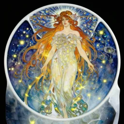 carving on southern ice porcelain , overdetailed art, by greg rutkowski, by Alfons Mucha, complementing colors, magic, colorful lights, fireflies, detailed illustration