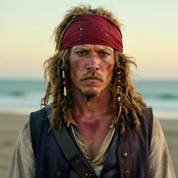 photo portrait of an rugged albino albino african african pirate with a red headband wearing a brown vest young adult strong, small blonde mustache, afro blonde hair, stern face, rugged and dirty outdoors at a beach, cinematic lighting at sundawn outdoors, movie color grading