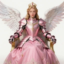 gorgeous!! hyper - realistic princess wearing ornate pink knight armor, angel wings l sitting at the thrown | illustration | drawn by wlop, drawn by jeehyung lee, drawn by artgerm