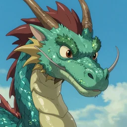 a photograph of an iridescent dragon, close up of face and neck, studio ghibli, pixar and disney animation style, sharp, clear sky, inspired by greg rutkowski, bloom, dramatic lighting