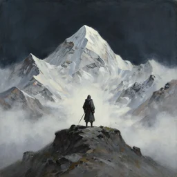 painting of a lonesome warrior at the peak of himalayas, style of hiroki takeda
