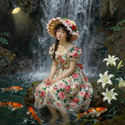 oil painting, romanticism, girl in flower hat, flower dress, roses, lilies, waterfall cave, water drops, overhead light, japanese carp, 4 k, 8 k