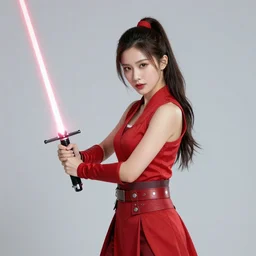 beautiful woman dressed in red clothes wielding a lightsaber