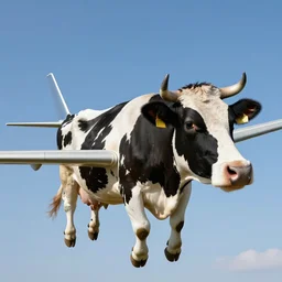 a highly detailed ultra realistic photograph of a cow flying an airplane