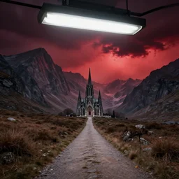 wide angle image, hellish background landscape, massive beautiful mountains, path leading to a gothic cathedral in the distance, stormy red sky, fluorescent light, product photography, by bastien lecouffe - deharme