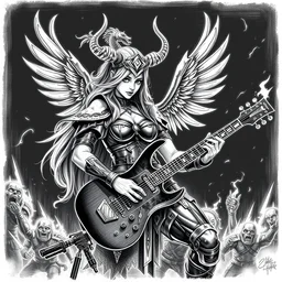valkyrie warrior playing guitar neon at battle ragnarok drawing monochrome