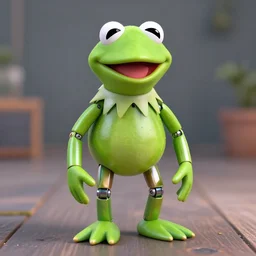 a shiny robot which looks like kermit the frog
