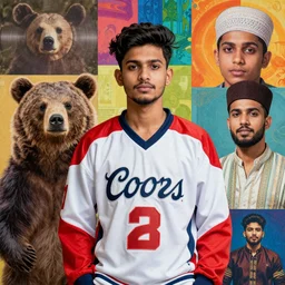 a young indian man in the centre of the image wearing a coors jersey, a red white and blue jacket, surrounded by a collage of different elements, album art, vibrant colors, photograph, mixed media, bear on the left, man with a fez on the right
