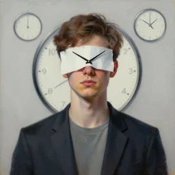 blinded by greed!!! realist critical society painting, young man, representation and personification of material greed, deadline the clock is ticking, digital world meets pure greed, sociopathic token power, generational human, avarice, entity, trending, amazing masterpiece
