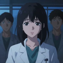 a film still of a sad doctor girl, finely detailed features, closeup at the faces, perfect art, dusk, blue hour, at a hangar, gapmoe yandere grimdark, trending on pixiv fanbox, painted by greg rutkowski makoto shinkai takashi takeuchi greg rutkowski, sergey kolesov, akihiko yoshida