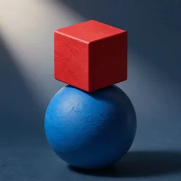 A red cube on top of a blue sphere