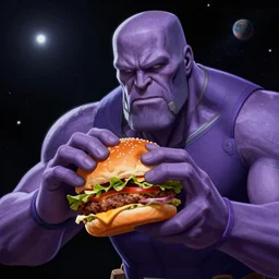 thanos eating a burger in space, digital illustration, trending on artstation, by greg rutkowski, amazing detail, epic