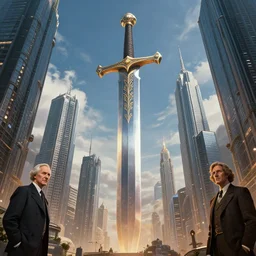 giant sword huge as skyscraper in the middle of a futuristic city : : sci - fi, gorgeous lighting, highly detailed : : by zdzisław beksinski and norman rockwell and greg rutkowski : : weta studio, and lucasfilm