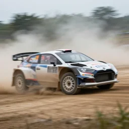 F1 rally car driving on off-road. High speed photography, motion blur, photograph, midday, muted colors, motion blur, mist