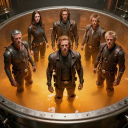 movie still frame, guild navigators mutants floating in a vat full of orange liquid, intricate details, beautiful composition, 8 k, cgi, by ridley scott, james cameron, zack snyder and michael bay