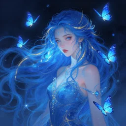 beautiful faery sorceress, glowing blue butterflies, flowing blue hair, golden streaks, indi creates, digital spray brush, in the style of artgerm, illustration, epic, fantasy, intricate, hyper detailed, artstation, concept art, smooth, sharp focus, vibrant