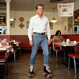 President Nixon with roller skates, in a Mexican restaurant, award-winning front-page newspaper photo, grainy, 1970s