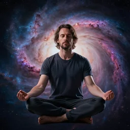 Russell Brand meditating in space, nebula background, digital art, 4k