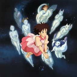 A painting of spirits flying in space by Studio Ghibli