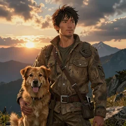 an intricate concept illustration of a man with his dog in a mountain in a cloudy sunset, cinematic, hyper realistic, intricate details, anime style, concept art, cinematic lighting