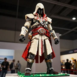 wide shot lens photo of a very intricately detailed and epically shaped 2. 5 meter tall assassin creed lego statue designed by a master builder as displayed at a lego convention, low angle shot.