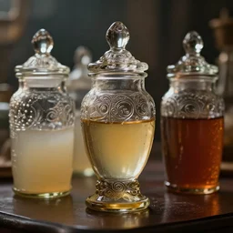 glass brain jars with different opaque liquids, cinematic shot, intricate, ornate, photorealistic, ultra detailed, realistic, 1 0 0 mm, photography, octane, high definition, depth of field, bokeh, 8 k, artstation