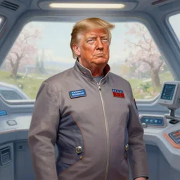 donald trump in a futuristic spaceship pilot dress, year twenty one hundred, portrait, illustration, rim light, top light, perfectly shaded, spring time, slight overcast lighting, soft painting, art by krenz cushart and wenjun lin