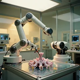 robotic krang surgical arm cybernetic symbiosis hybrid mri 3 d printer machine making moist fractal forms in the glass room laboratory with control panels, golden hour lighting, film still from the movie directed by alejandro jodorowski, wide lens, f 3 2