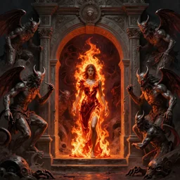Purgatory, fire woman in hell. The gateway to the infernal underworld. Devils demons, highly detailed, digital painting, artstation, concept art, smooth, sharp focus, illustration, art by artgerm and greg rutkowski and alphonse mucha