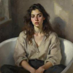 detailed portrait in comfortable femininity, ethnic, statuesque, relaxed realistic face, casual wear, cozy study bathed in morning light, chiaroscuro, radiosity, angular impressionism, contrasting highlights, calm neutral color scheme, modern fashion, contemporary art, deep rich hues, oil on canvas
