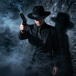 mysterious man in black suit and black hat, he has a pistol, smoke, fog, mysterious, 4 k, highly detailed, digital art, strong shadows, high contrast, epic scene, atmospheric, blue colours, surrounded by dark shadows on the wall