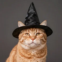 photographic portrait of a big orange tabby cat wearing a black wizard hat