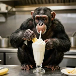 a real photograph of a chimpanzee making a banana milkshake in a restaurant kitchen
