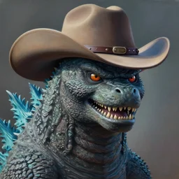 beautiful lifelike painting of godzilla wearing a cowboy hat, hyperreal detailed facial features and uv lighting, art by ed roth and basil wolverton
