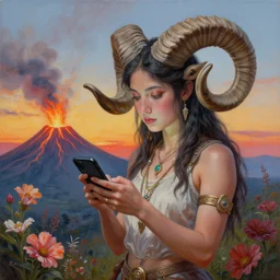 painting by senior concept artist josephine wall, horned ram goddess checking her cell phone, erupting volcano and sunset in distance in background, flowers in foreground, trending on artstation, zodiac, fantasy, acrylic on canvas, intricately detailed, highly detailed, high resolution, hd, hdr,