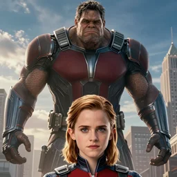 Emma Watson as Giant Man, towering over a city, headshot, film still from 'Ant-Man and the Wasp'