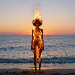 a black girl with an afro made of fire standing on the shore of a vast endless opal ocean at sunset, by simon stalenhag