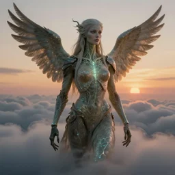 biblical beautiful female druid android, birdlike, glowing veins, in clouds, sunset, portrait by wayne barlowe, by peter elson, by anato finnstark, muted colors, by frank frazetta, extreme detail, reflections, trending on artstation, 8 k